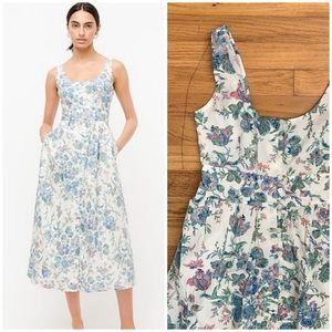 J. Crew White Floral Midi Dress with Blue and Green Print